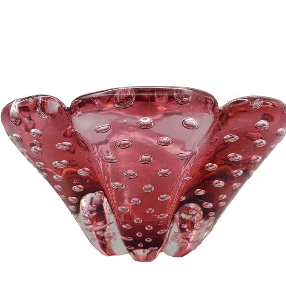 Small Murano Cranberry Art Glass Bowl Controlled Bubble Handle Dish Vintage Red - Picture 4 of 15